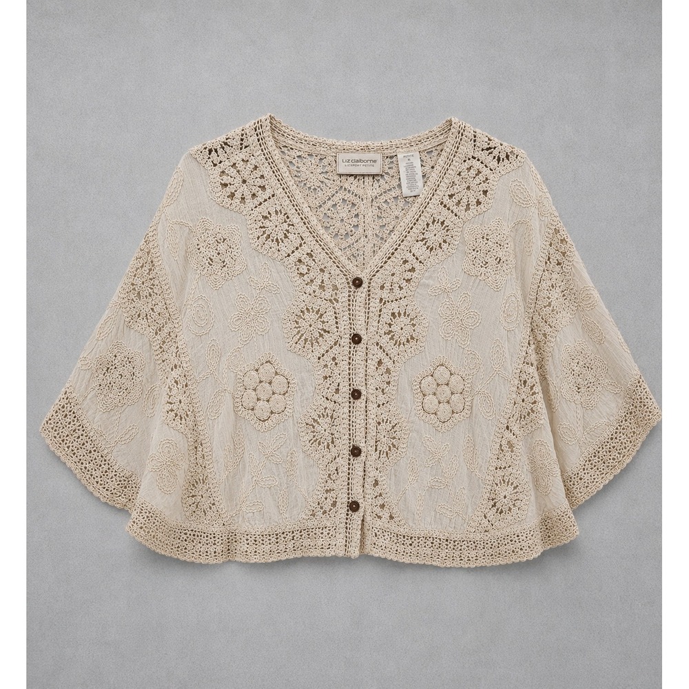 Jianhu Cream Crochet Lace Button Front Poncho Shawl Cardigan One Size